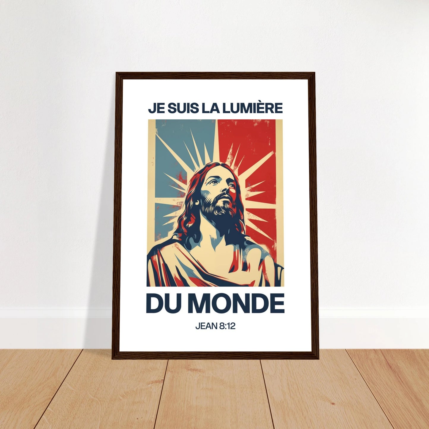 Poster chrétien premium encadré « Jean 8:12 » plan rapproché A3 cadre bois foncé