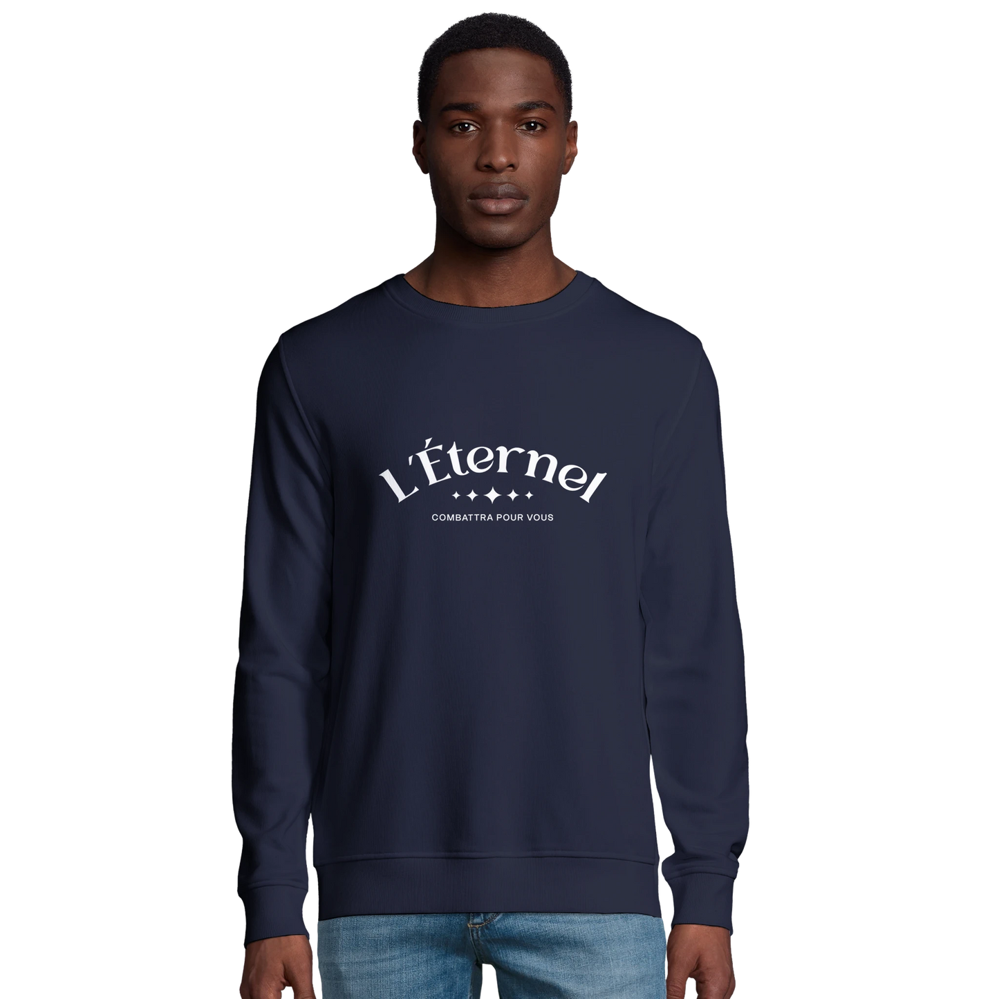 Sweat-shirt chrétien homme en coton bio « Deutéronome 3:22 » bleu marine face