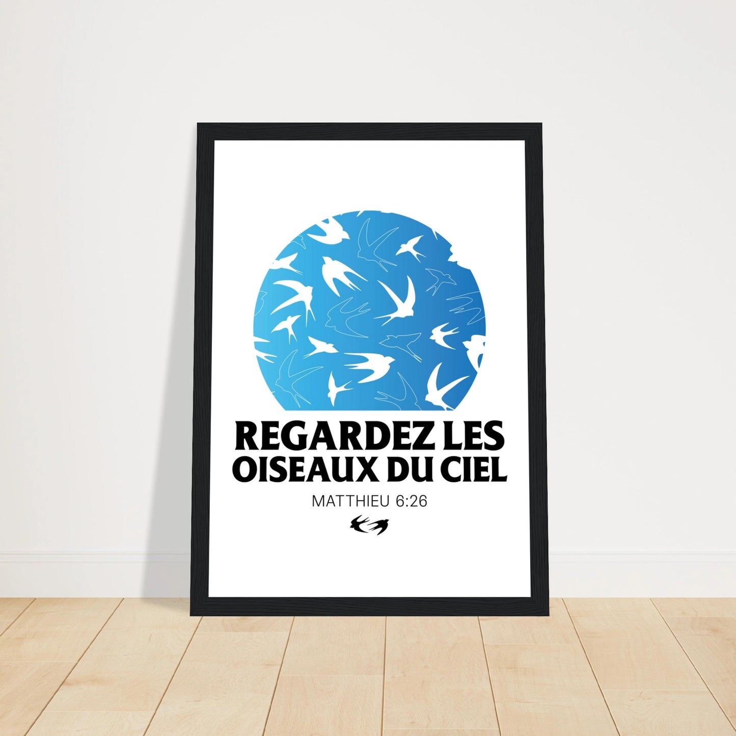 Poster chrétien premium encadré « Matthieu 6:26 » plan rapproché A4 cadre noir