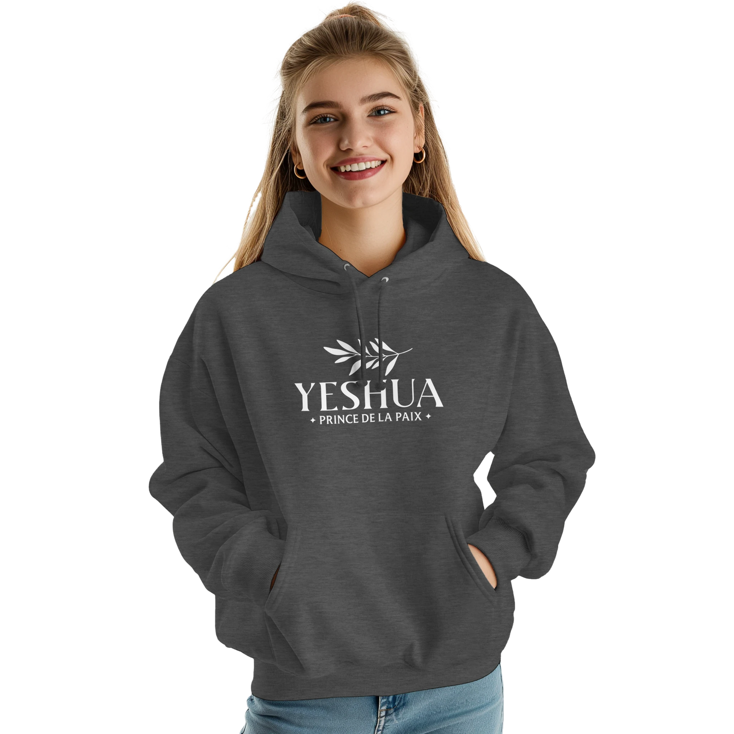 Sweat à capuche chrétien femme « Yeshua Prince de la Paix » charbon face