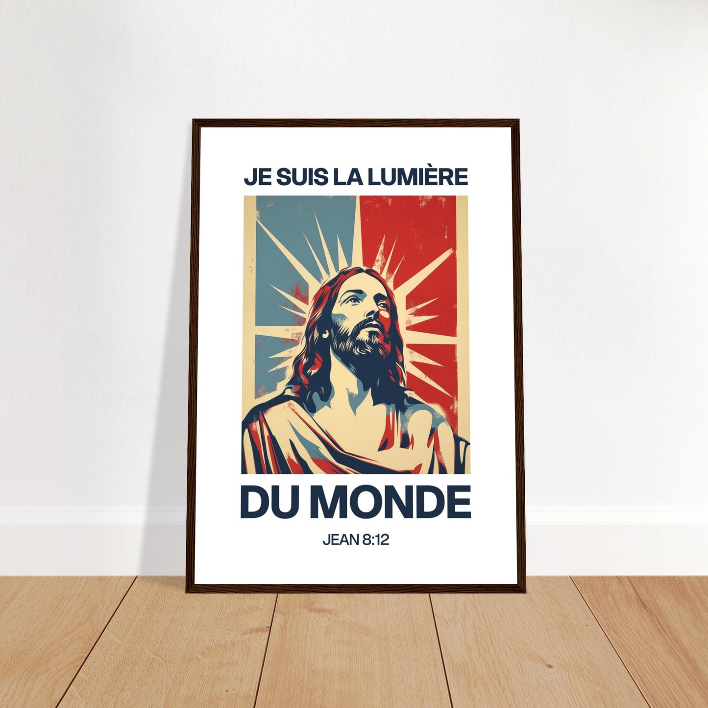 Poster chrétien premium encadré « Jean 8:12 » plan rapproché A2 cadre bois foncé