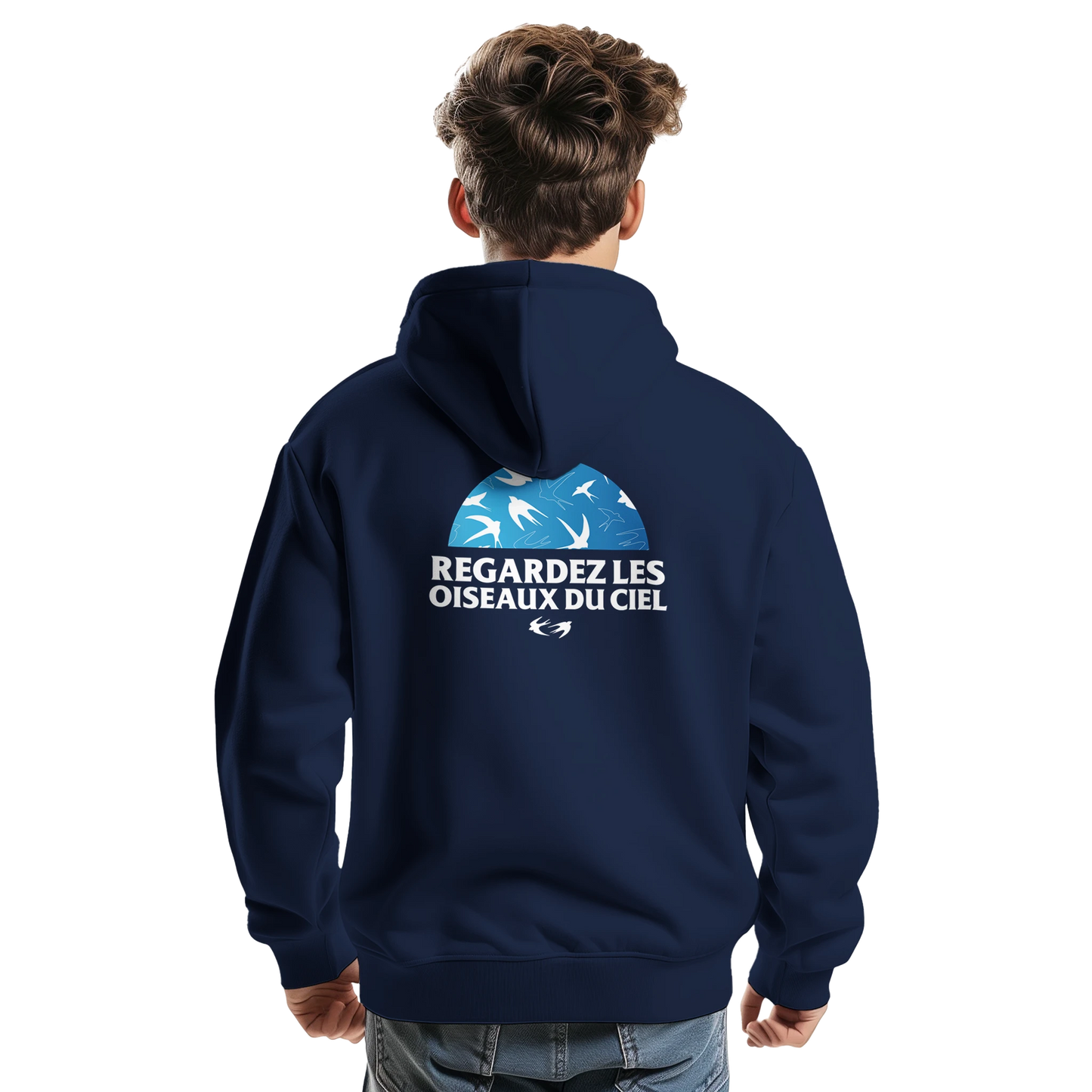 Sweat à capuche chrétien homme « Matthieu 6:26 » bleu marine dos