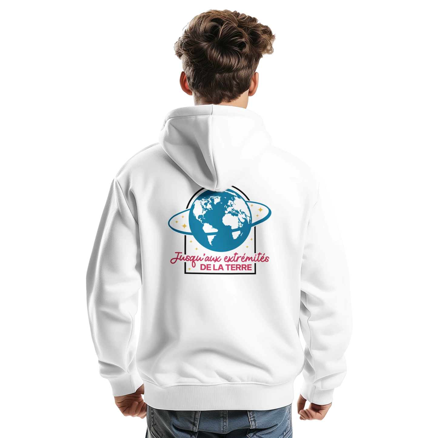Sweat à capuche chrétien homme « Actes 1:8 » blanc dos