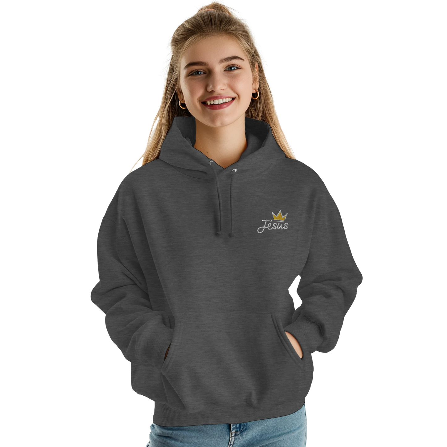 Sweat à capuche chrétien femme brodé « Jésus est Roi » charbon face
