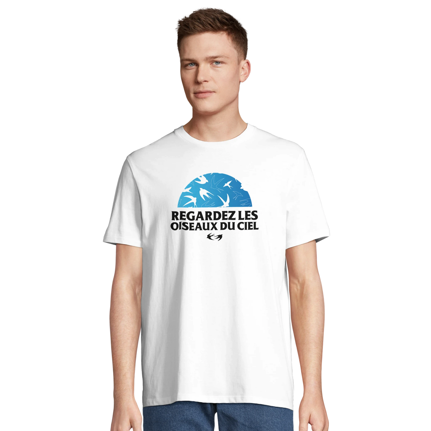 T-shirt chrétien homme en coton bio « Matthieu 6:26 » blanc face