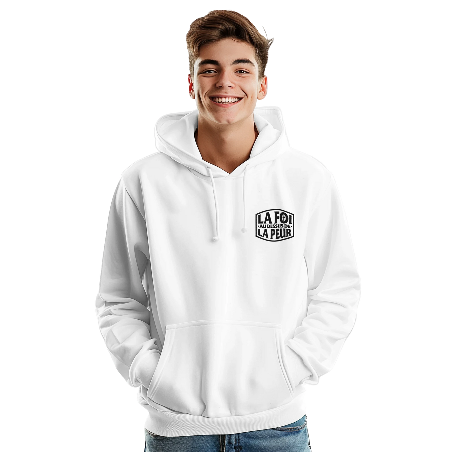 Sweat à capuche chrétien homme brodé « 2 Timothée 1:7 » blanc face