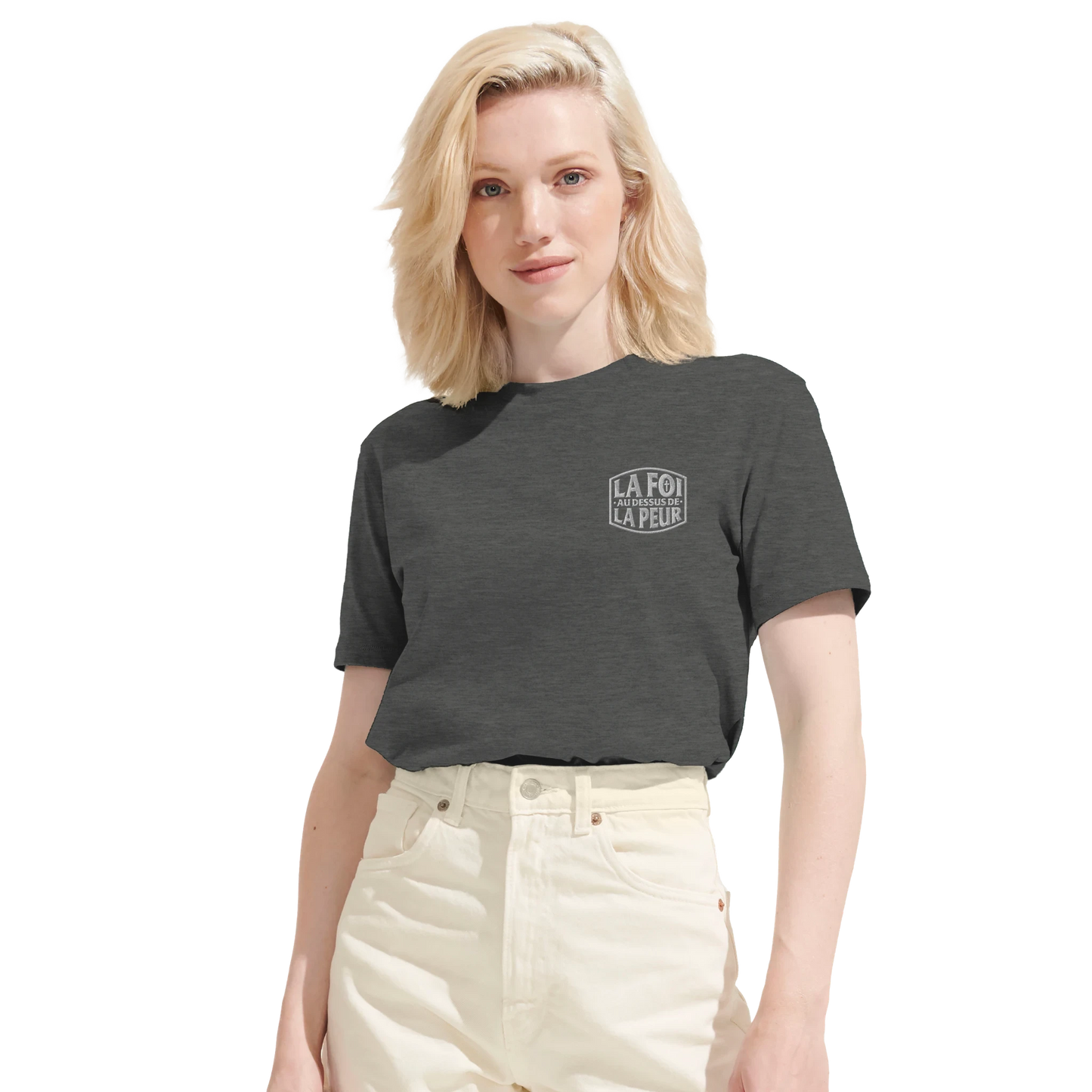 T-shirt chrétien femme brodé en coton bio « 2 Timothée 1:7 » gris chiné face