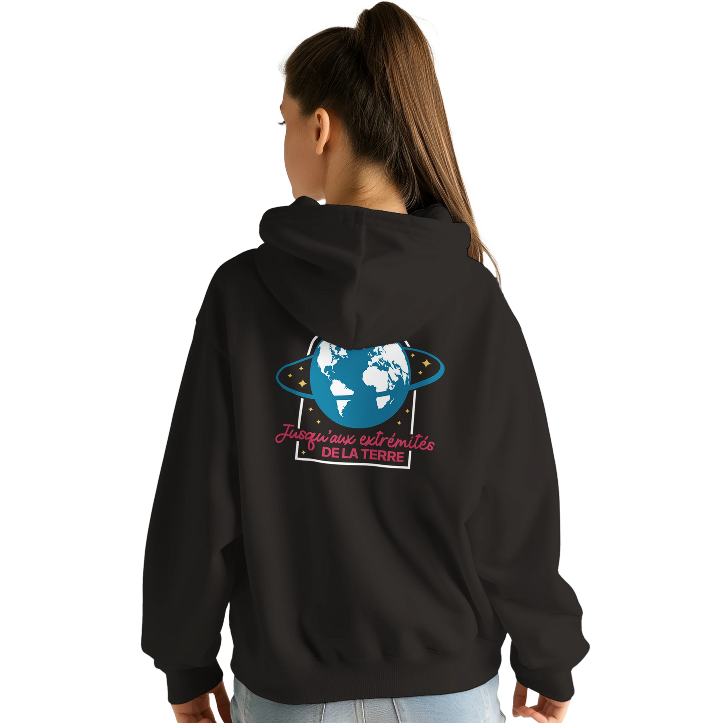 Sweat à capuche chrétien femme « Actes 1:8 » noir dos