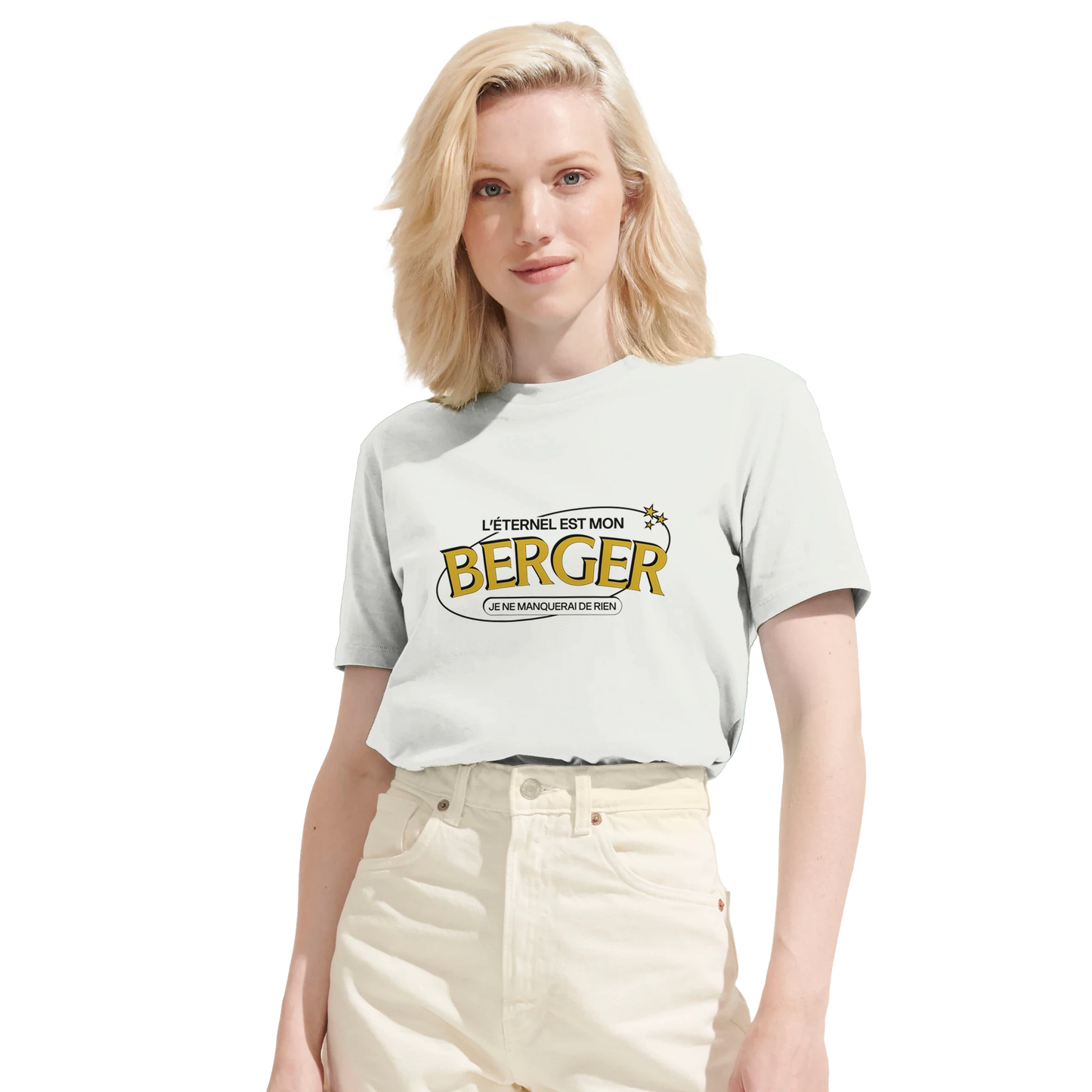 T-shirt chrétien femme en coton bio « Psaume 23:1 » blanc face