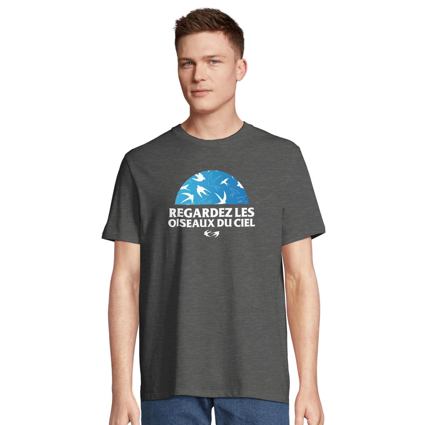 T-shirt chrétien homme en coton bio « Matthieu 6:26 » gris chiné face
