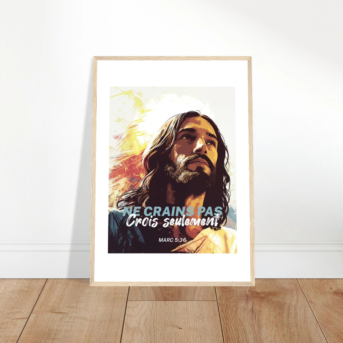 Poster chrétien premium encadré « Marc 5:36 » plan rapproché A2 cadre bois