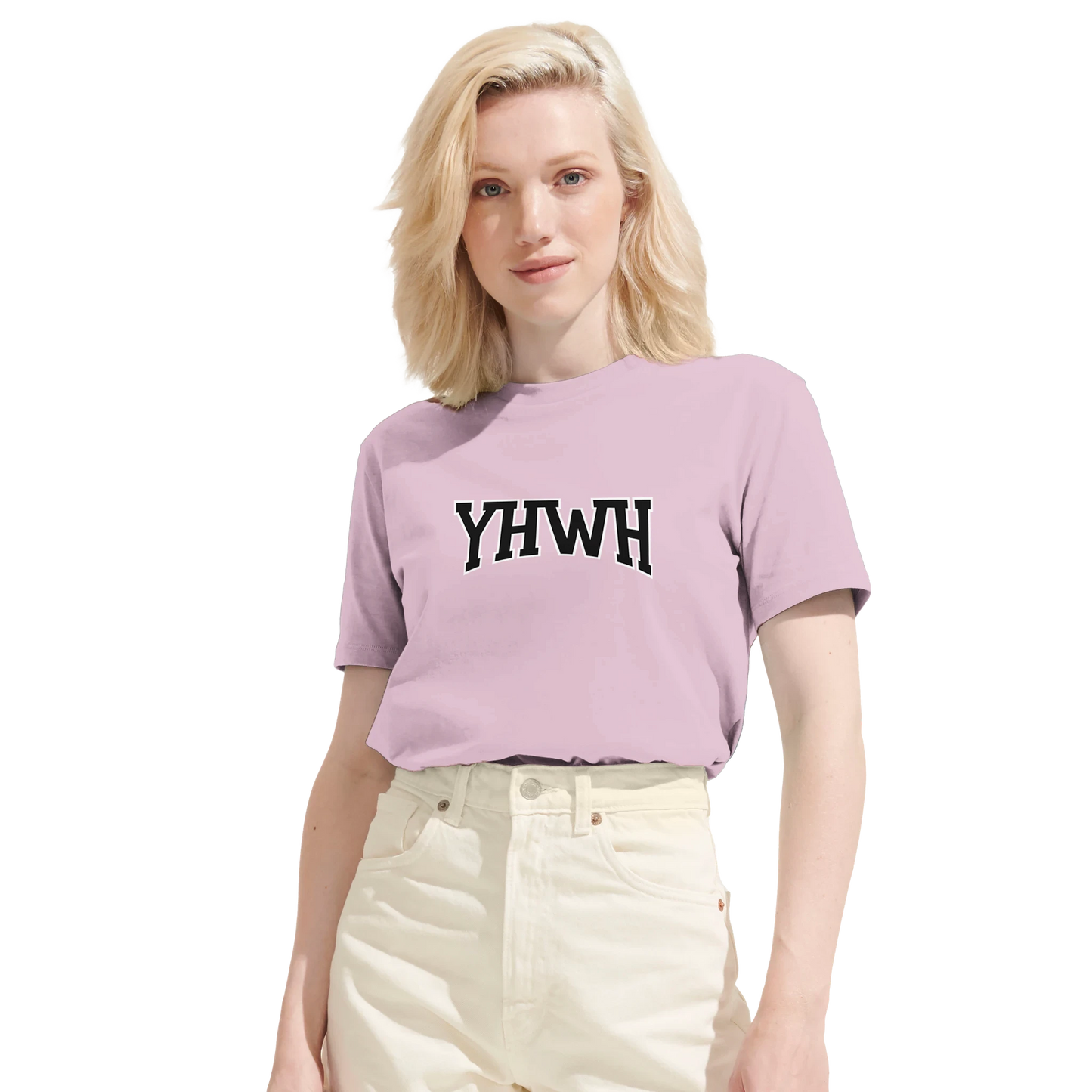 T-shirt chrétien femme en coton bio « YHWH » rose face