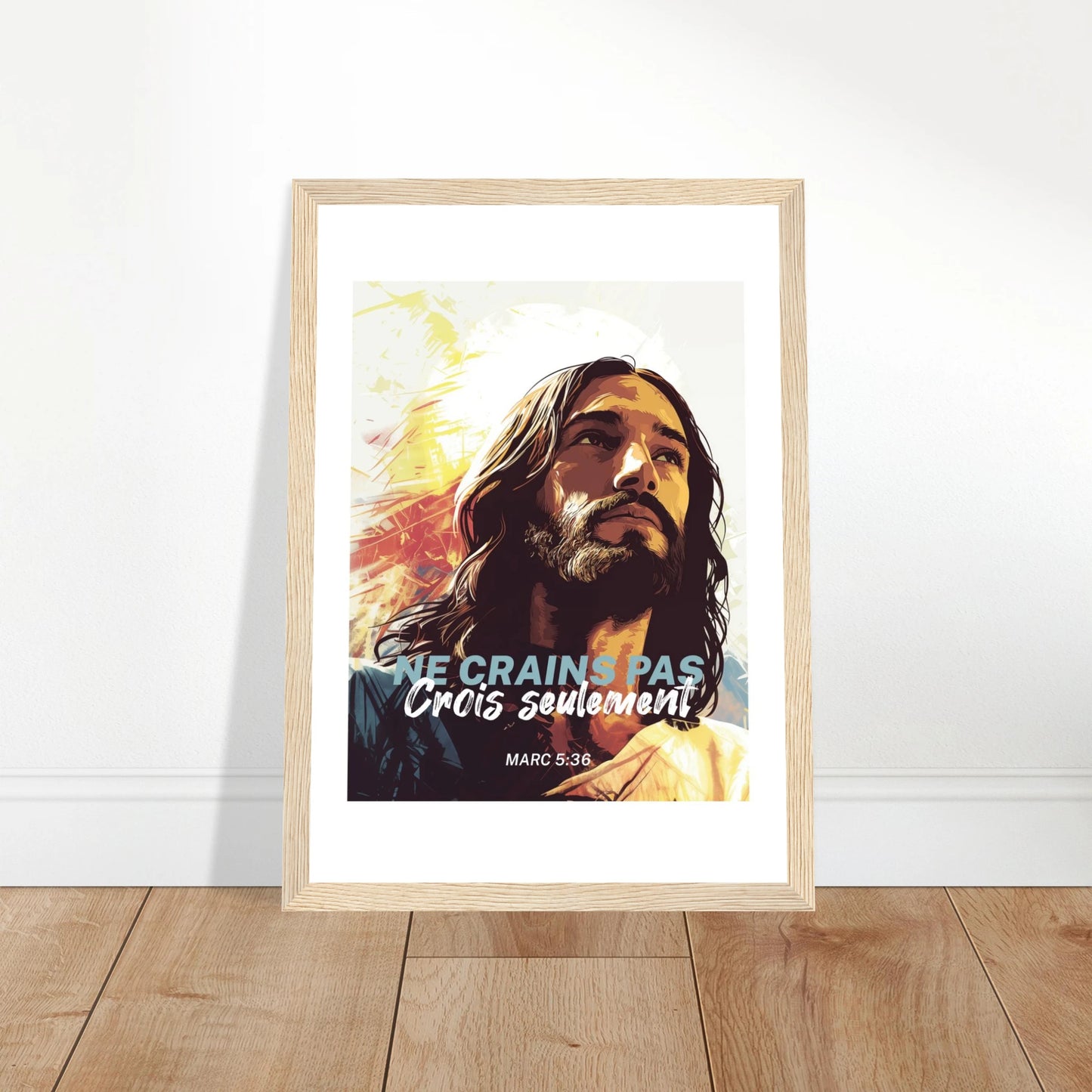 Poster chrétien premium encadré « Marc 5:36 » plan rapproché A4 cadre bois
