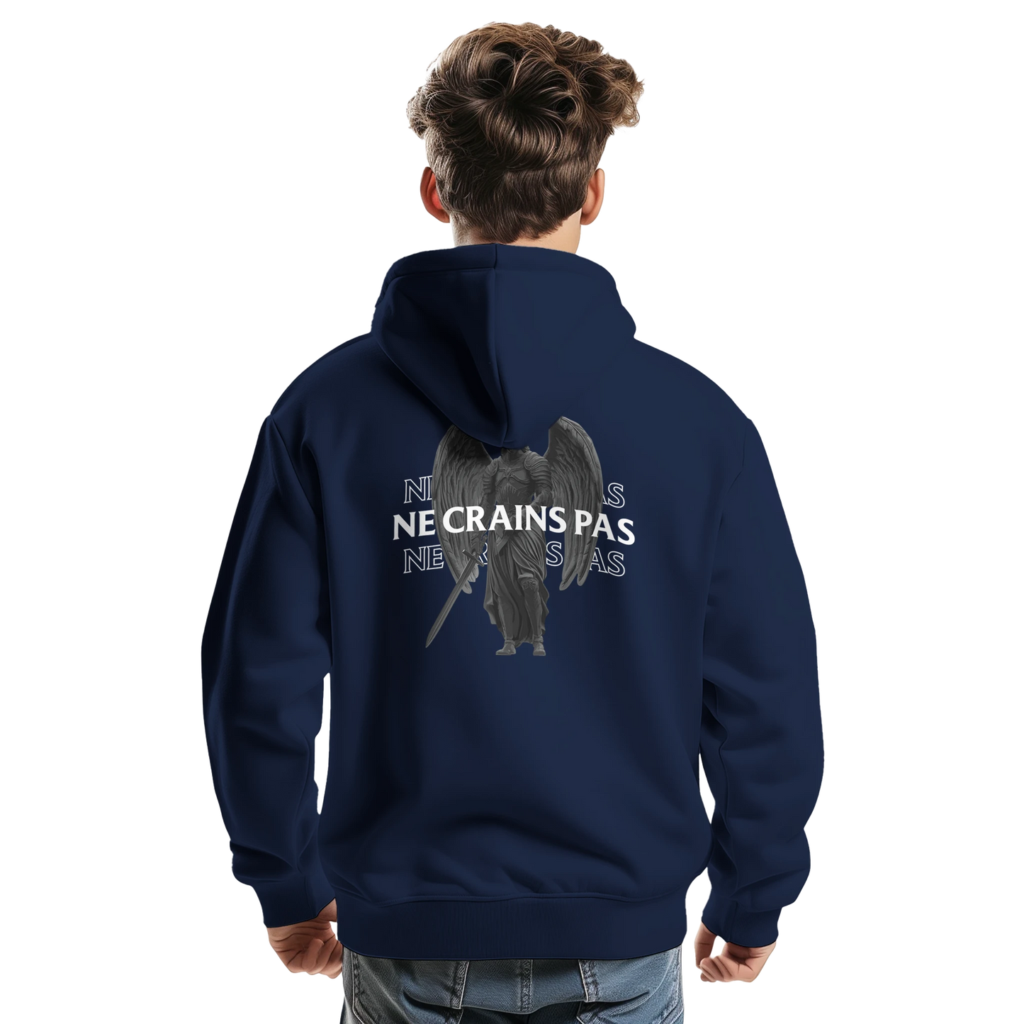 Sweat à capuche chrétien homme « Esaïe 41:10 » bleu marine dos