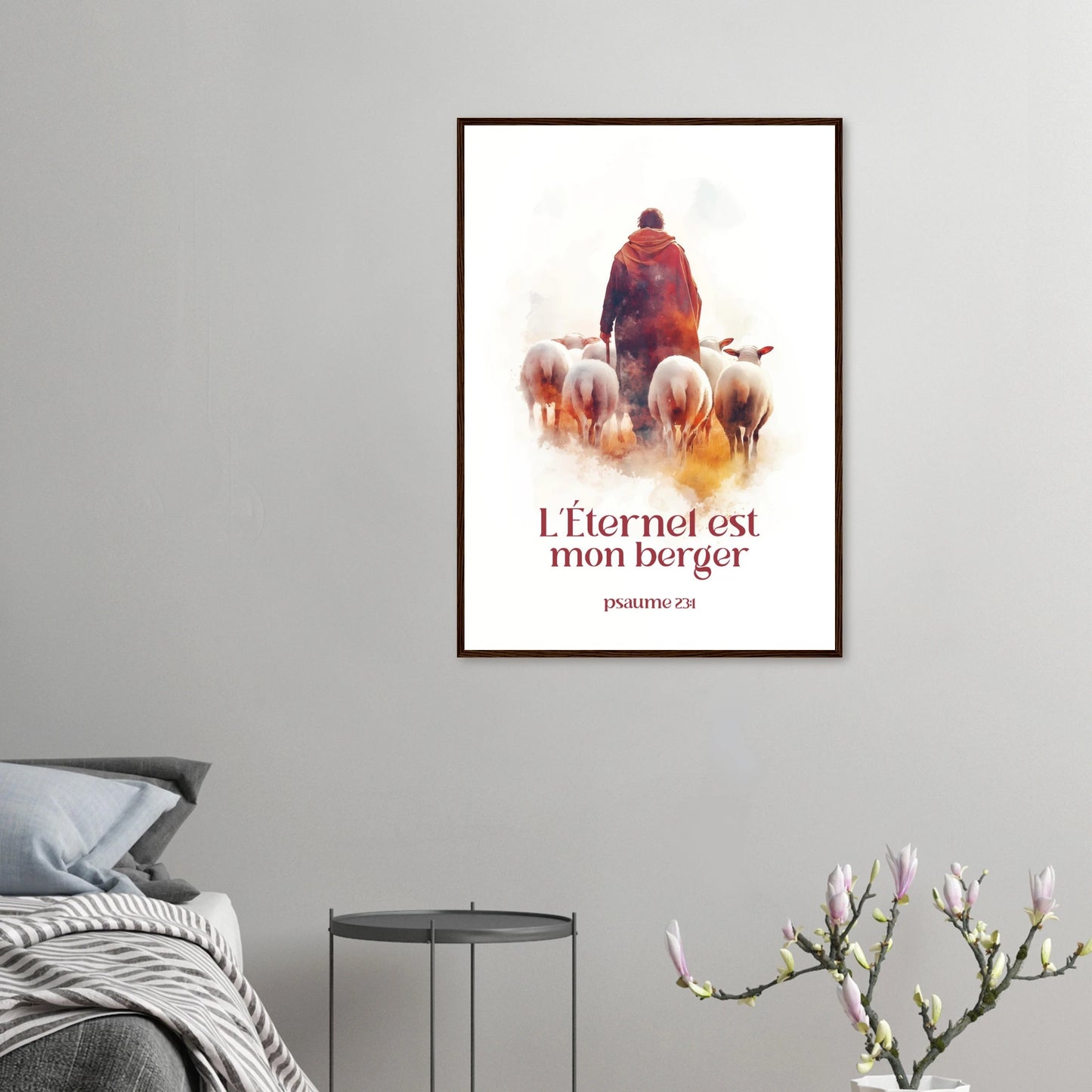 Poster chrétien premium encadré « Psaume 23:1 » chambre A1 cadre bois foncé