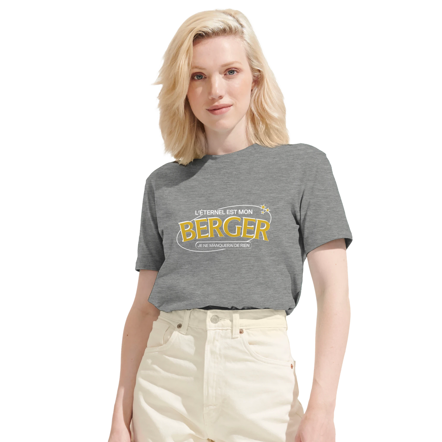 T-shirt chrétien femme en coton bio « Psaume 23:1 » gris chiné face