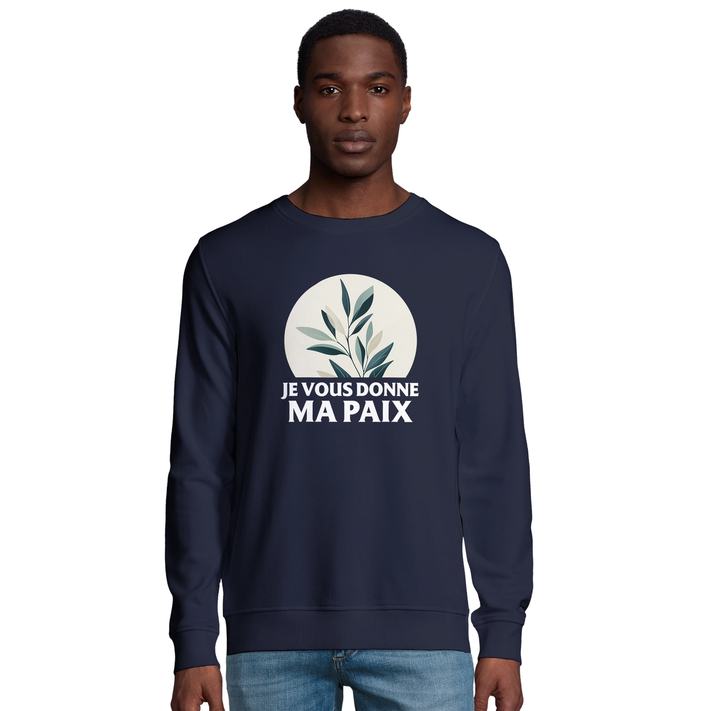 Sweat-shirt chrétien homme en coton bio « Jean 14:27 » bleu marine face