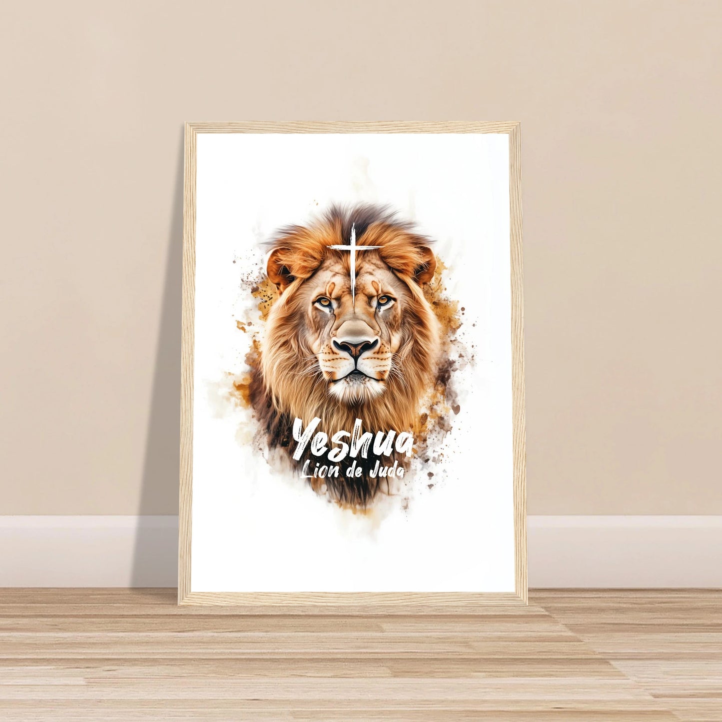 Poster chrétien premium encadré « Yeshua Lion de Juda » plan rapproché A3 cadre bois