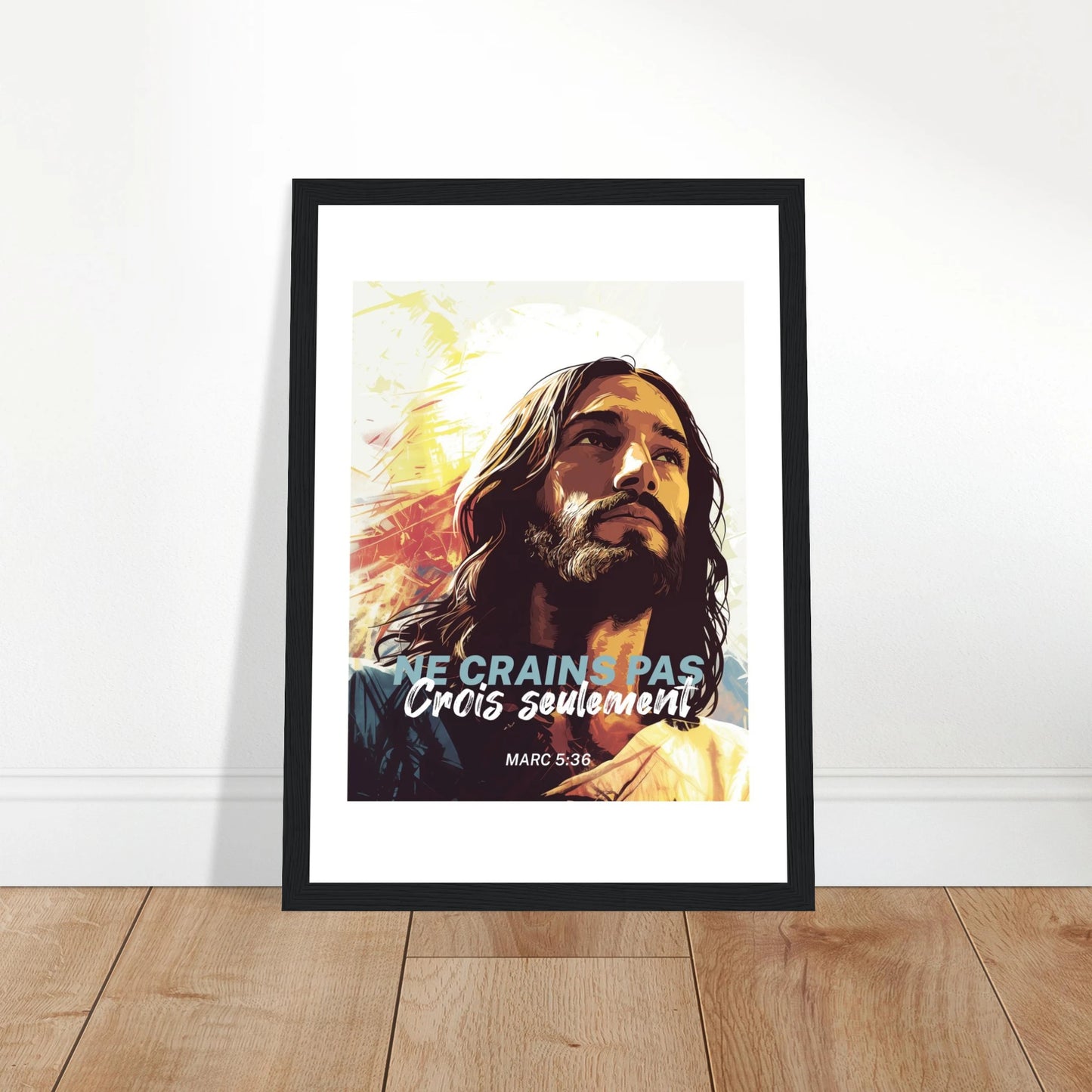Poster chrétien premium encadré « Marc 5:36 » plan rapproché A4 cadre noir