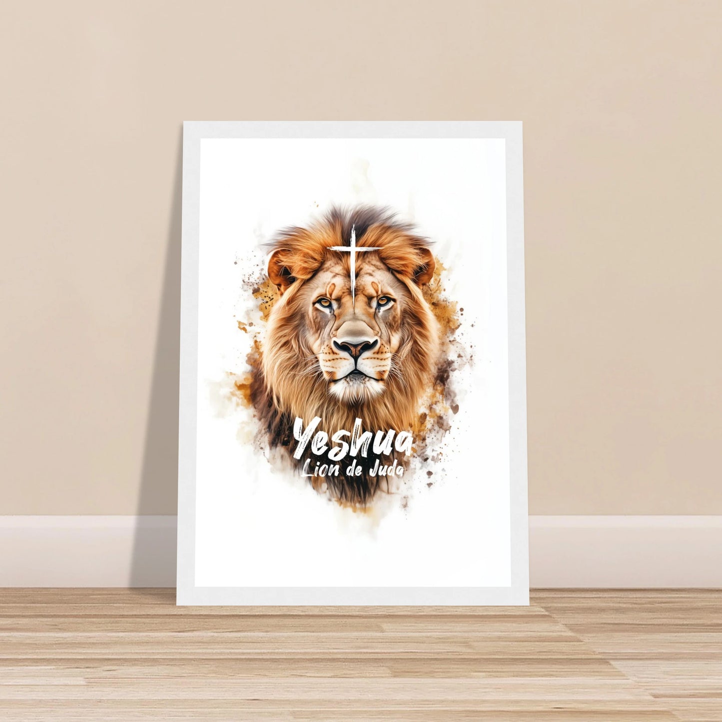 Poster chrétien premium encadré « Yeshua Lion de Juda » plan rapproché A4 cadre blanc