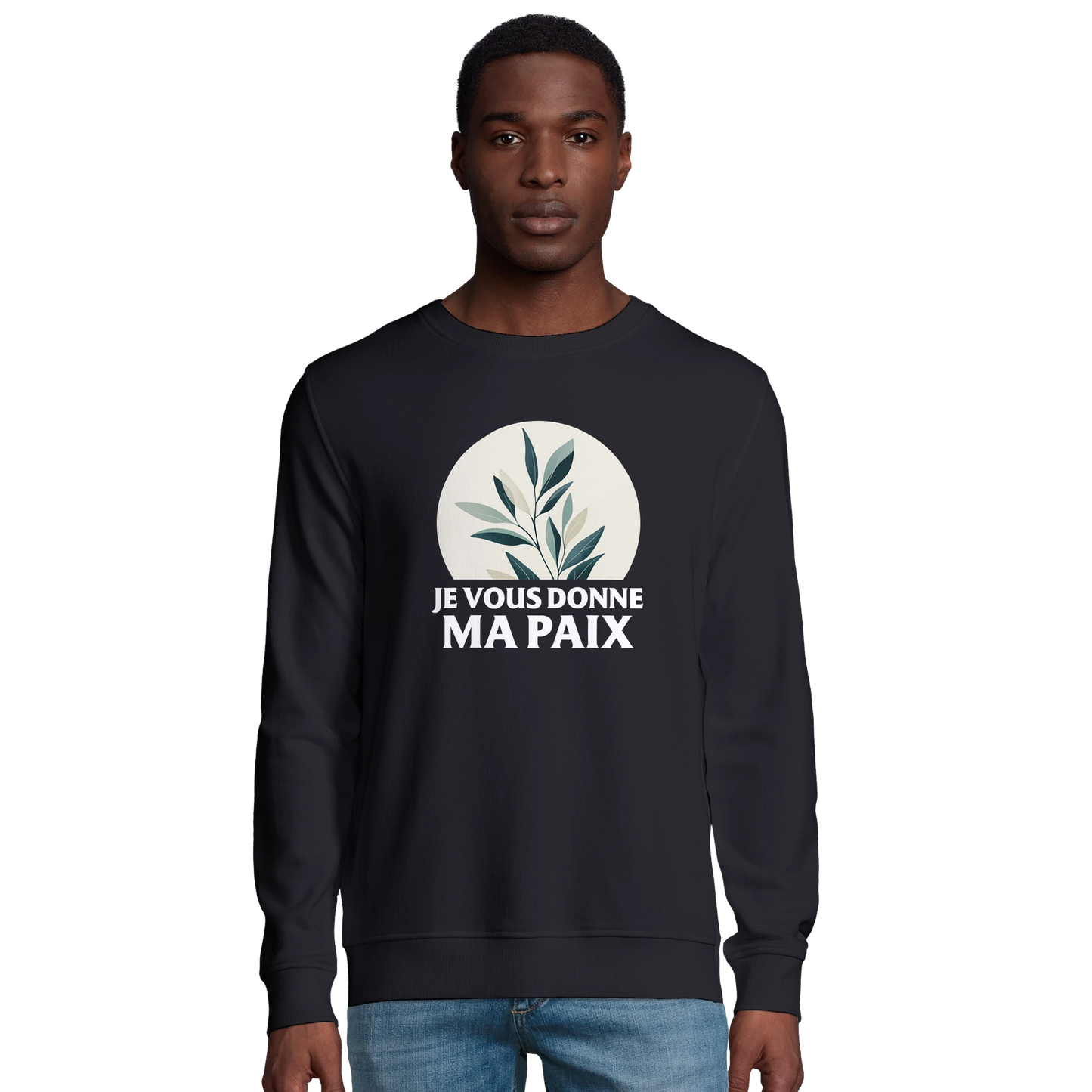 Sweat-shirt chrétien homme en coton bio « Jean 14:27 » noir face