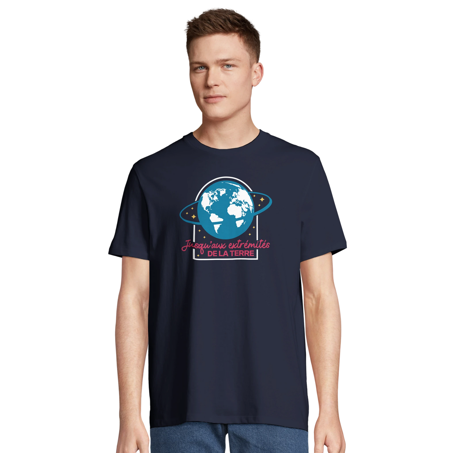T-shirt chrétien homme en coton bio « Actes 1:8 » bleu marine face