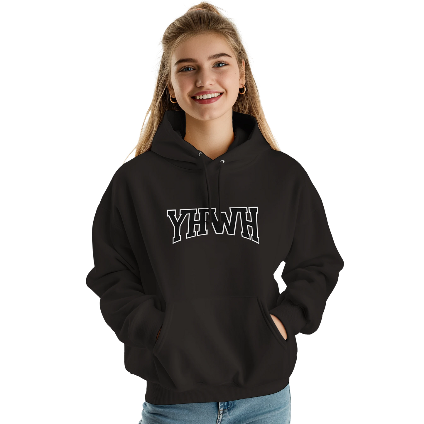 Sweat à capuche chrétien femme « YHWH » noir face