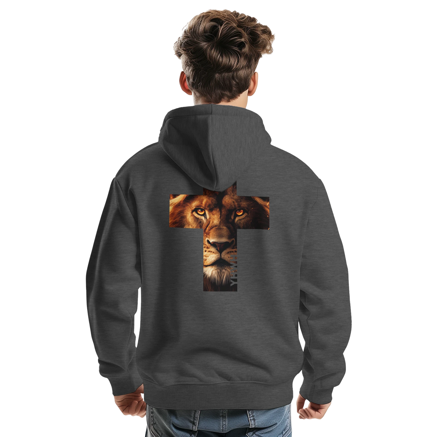 Sweat à capuche chrétien homme « Lion YHWH » charbon dos