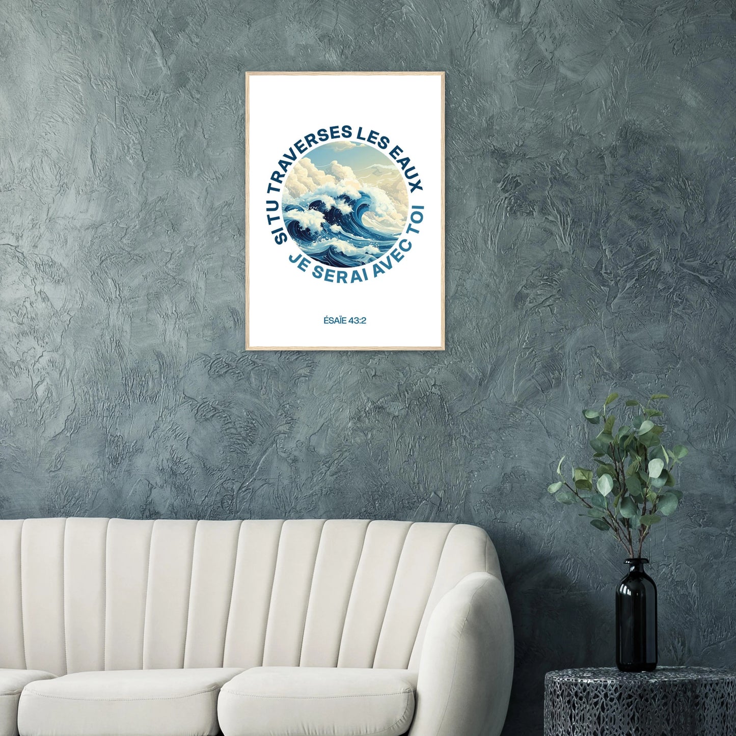Poster chrétien premium encadré « Esaïe 43:2 » salon A1 cadre bois