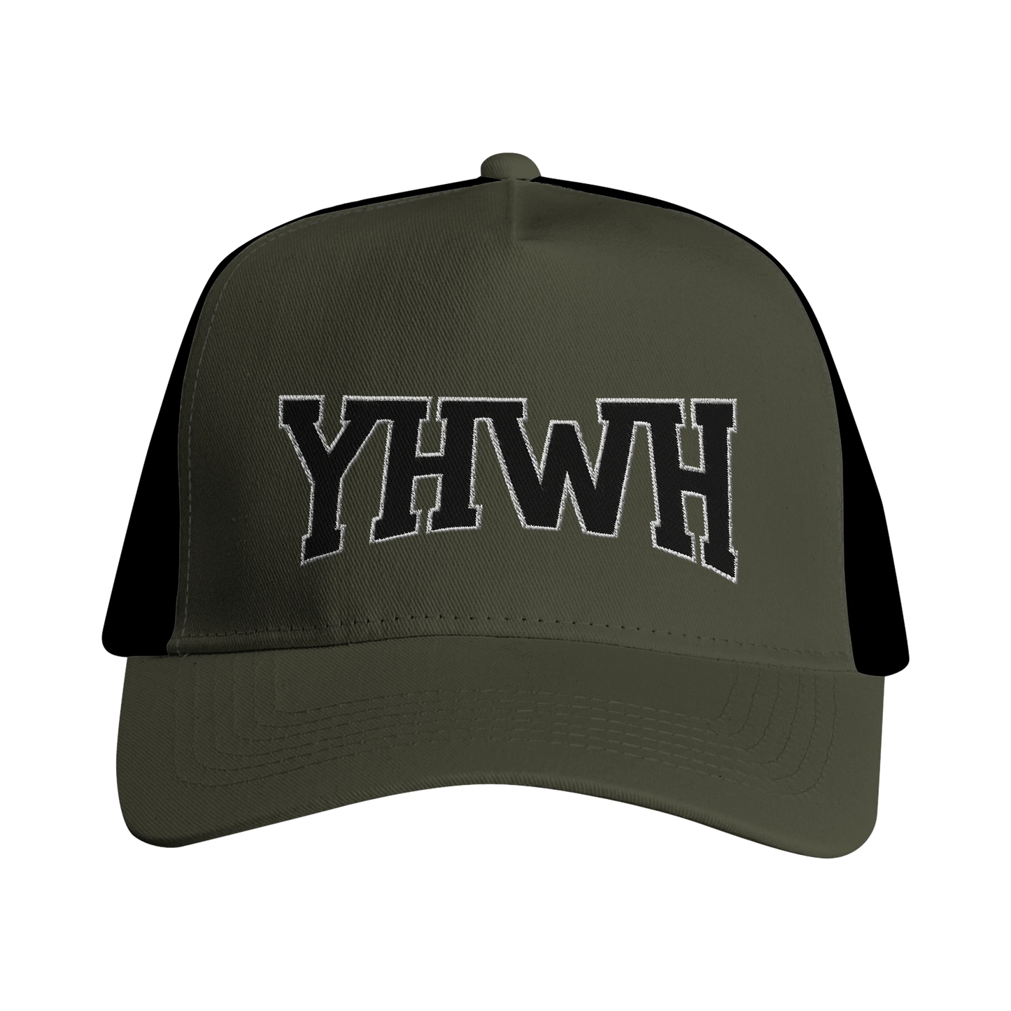 Casquette chrétienne Trucker Snapback « YHWH » Olive et noir face avant