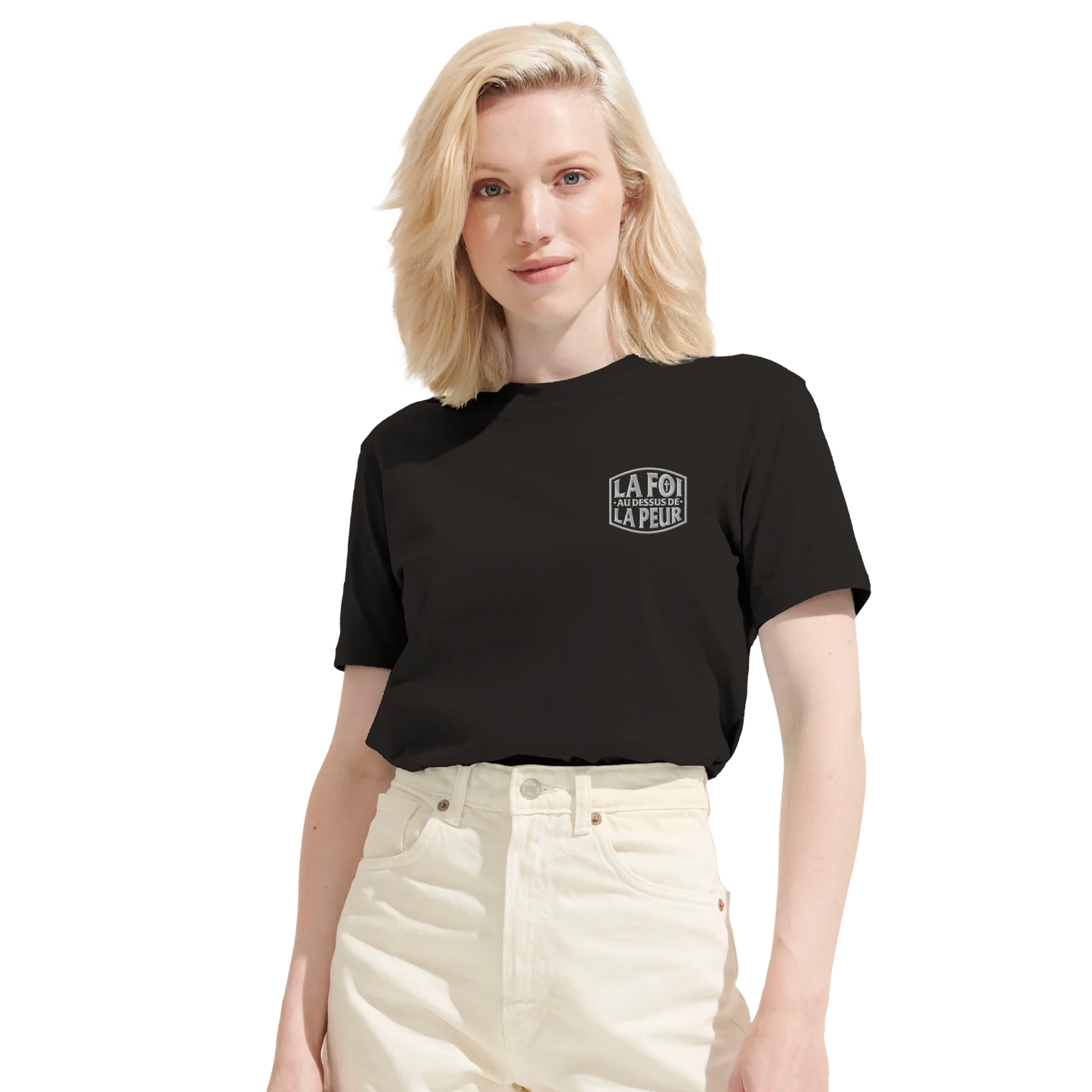 T-shirt chrétien femme brodé en coton bio « 2 Timothée 1:7 » noir face