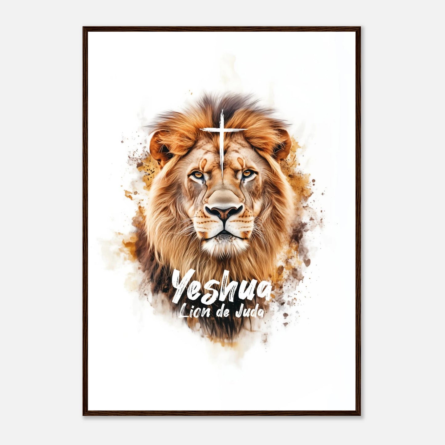 Poster chrétien premium encadré « Yeshua Lion de Juda » présentation A1 cadre bois foncé