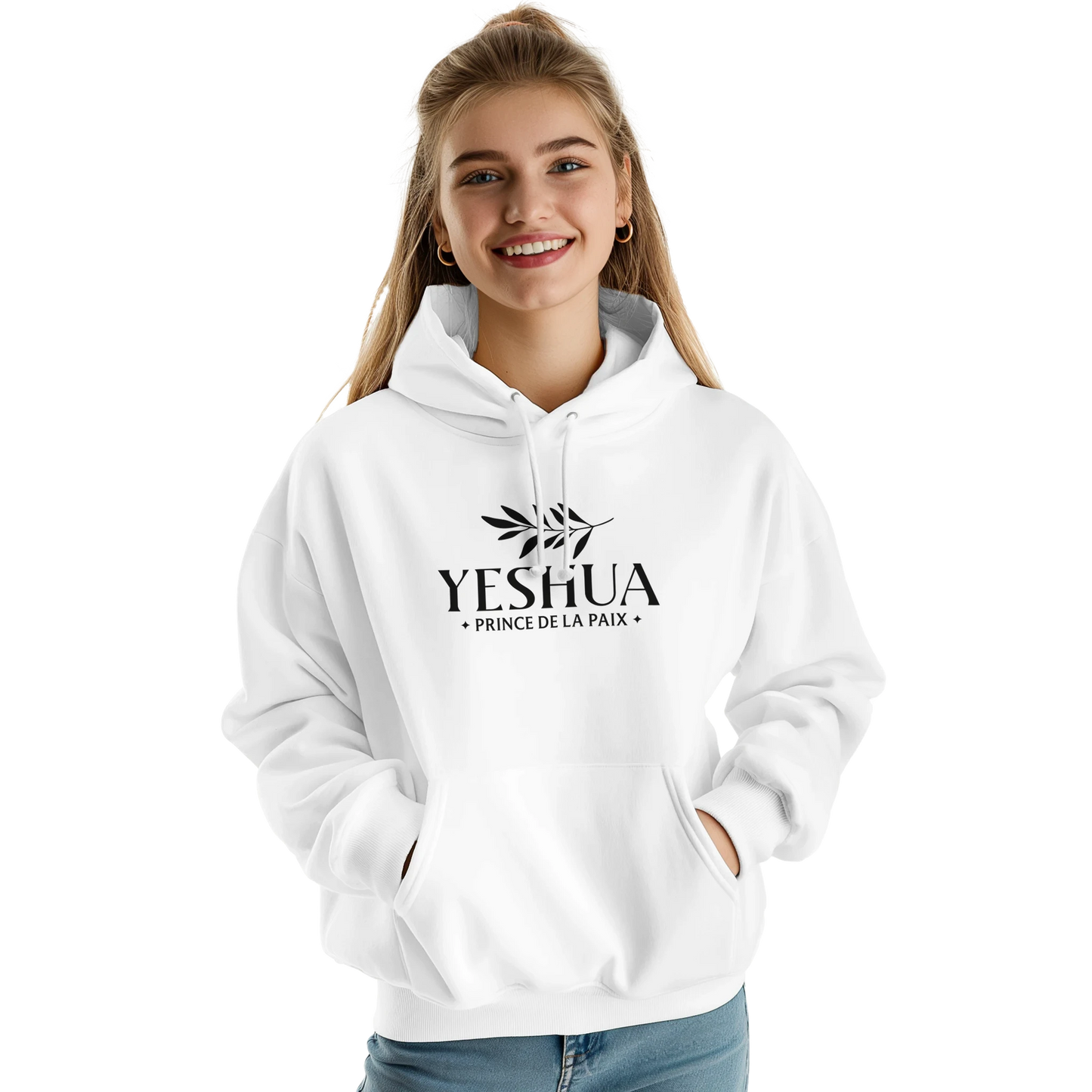 Sweat à capuche chrétien femme « Yeshua Prince de la Paix » blanc face
