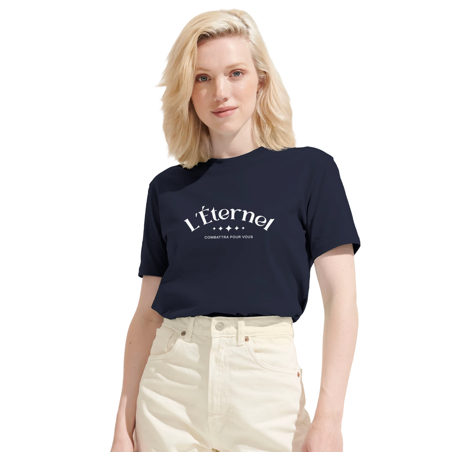 T-shirt chrétien femme en coton bio « Deutéronome 3:22 » bleu marine face