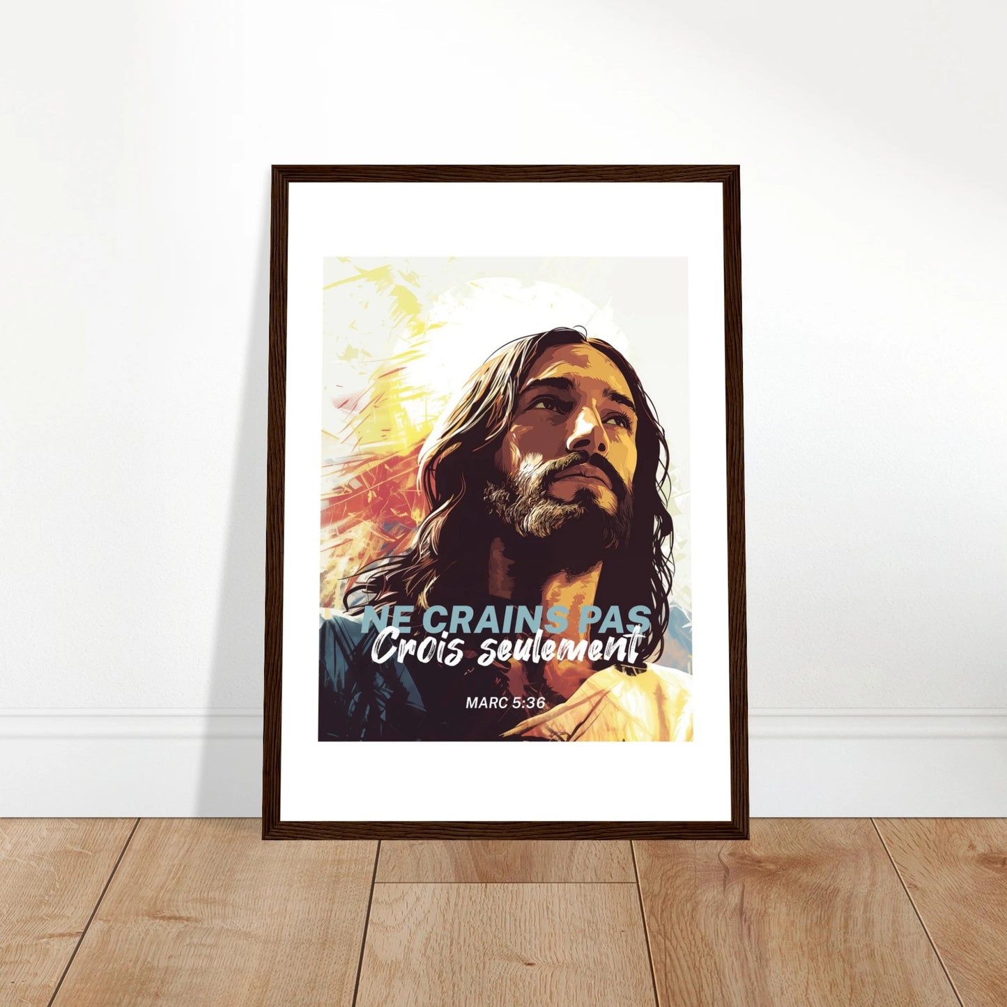 Poster chrétien premium encadré « Marc 5:36 » plan rapproché A3 cadre bois foncé