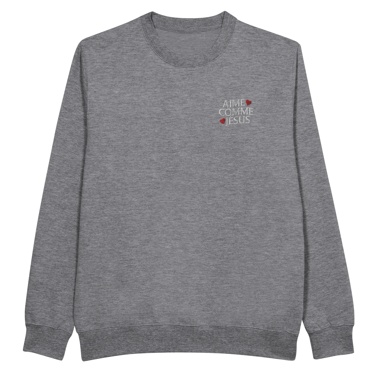 Sweat-shirt chrétien femme brodé « Aime comme Jésus » gris bruyère face