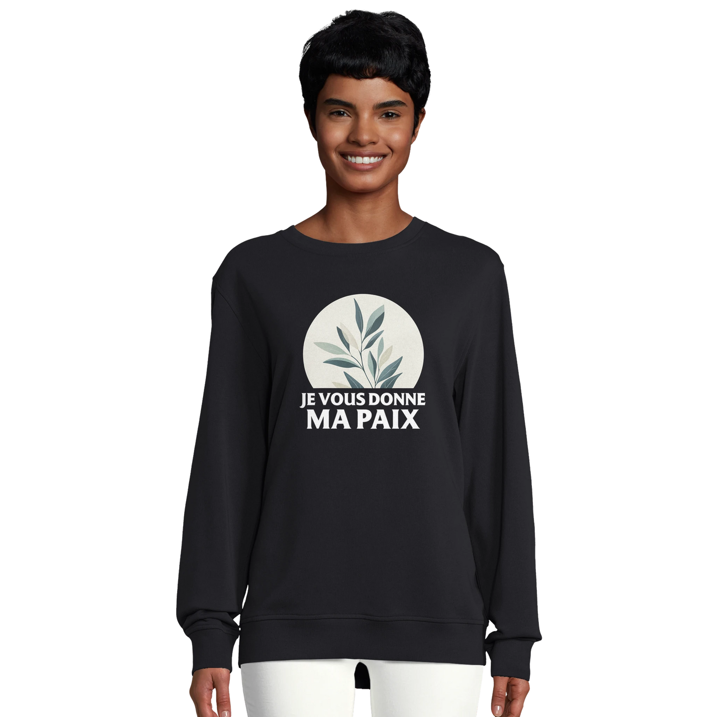 Sweat-shirt chrétien femme en coton bio « Jean 14:27 » noir face