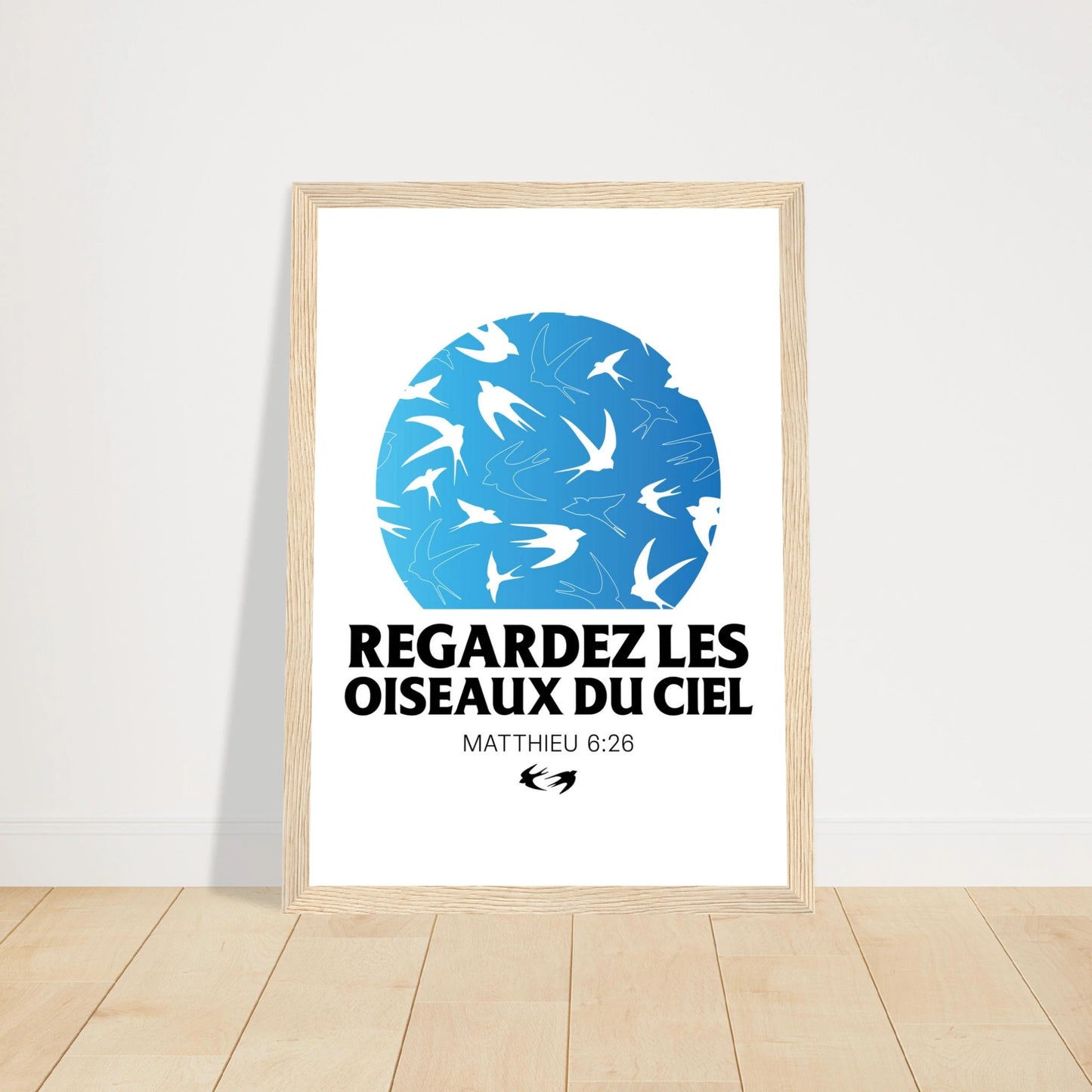 Poster chrétien premium encadré « Matthieu 6:26 » plan rapproché A4 cadre bois