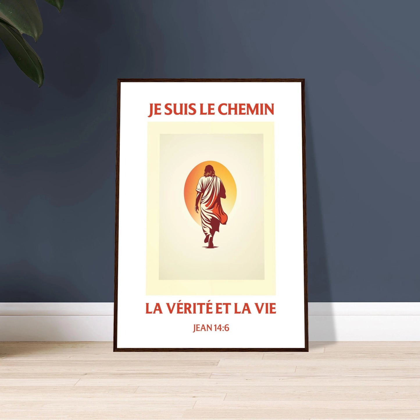 Poster chrétien premium encadré « Jean 14:6 » plan rapproché A1 cadre bois foncé