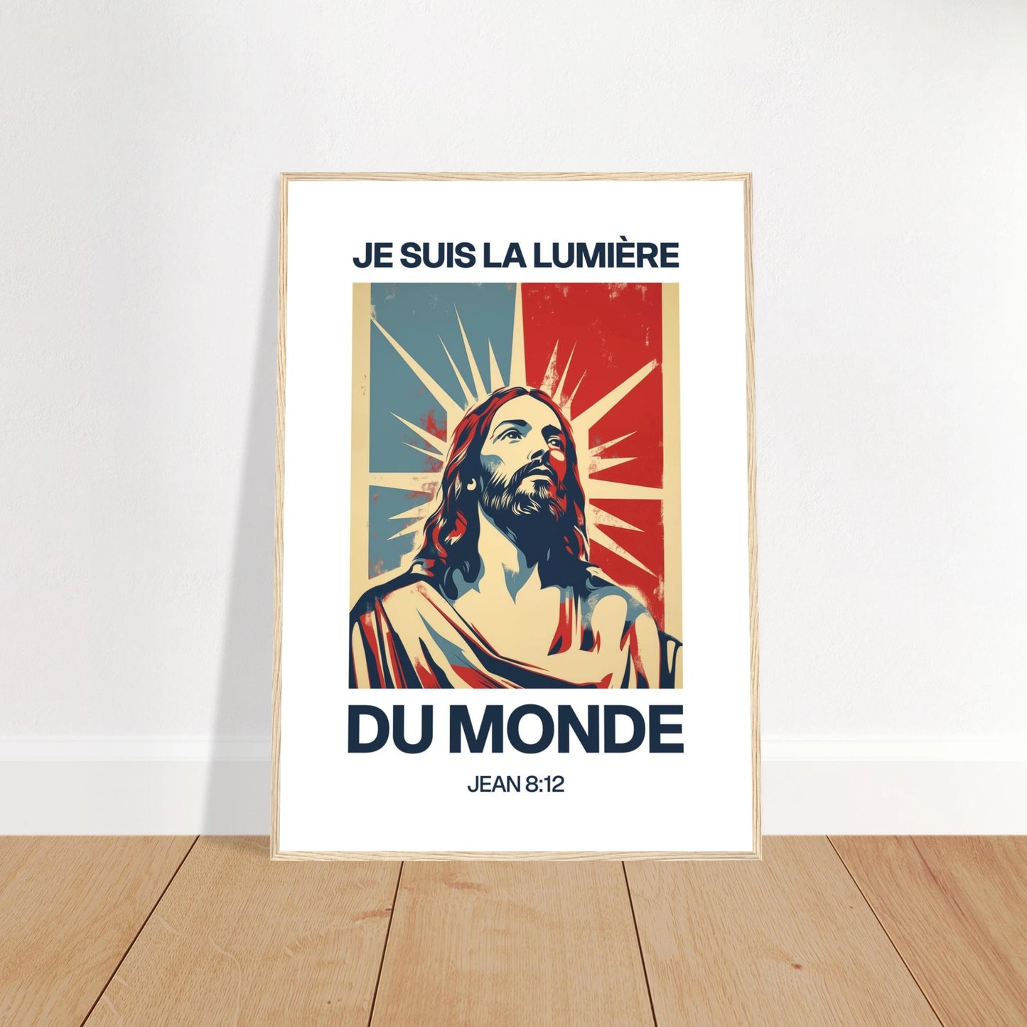 Poster chrétien premium encadré « Jean 8:12 » plan rapproché A1 cadre bois