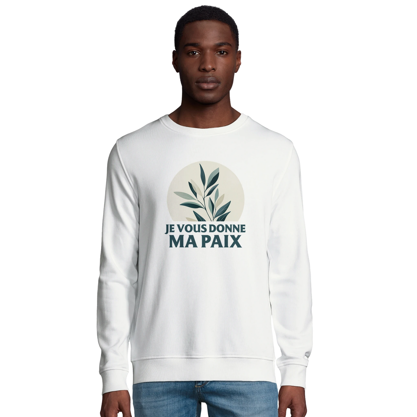 Sweat-shirt chrétien homme en coton bio « Jean 14:27 » blanc face