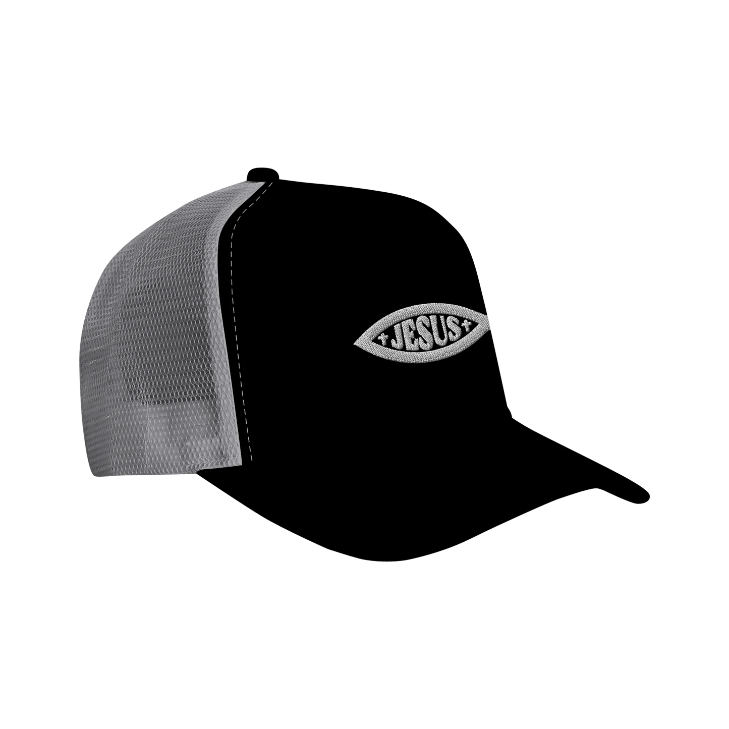 Casquette chrétienne Trucker Snapback « Ichthus » Noir et grise côté