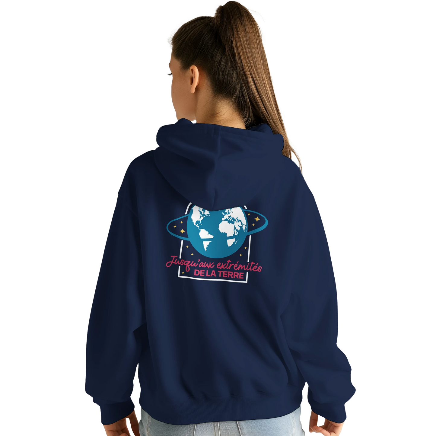 Sweat à capuche chrétien femme « Actes 1:8 » bleu marine dos