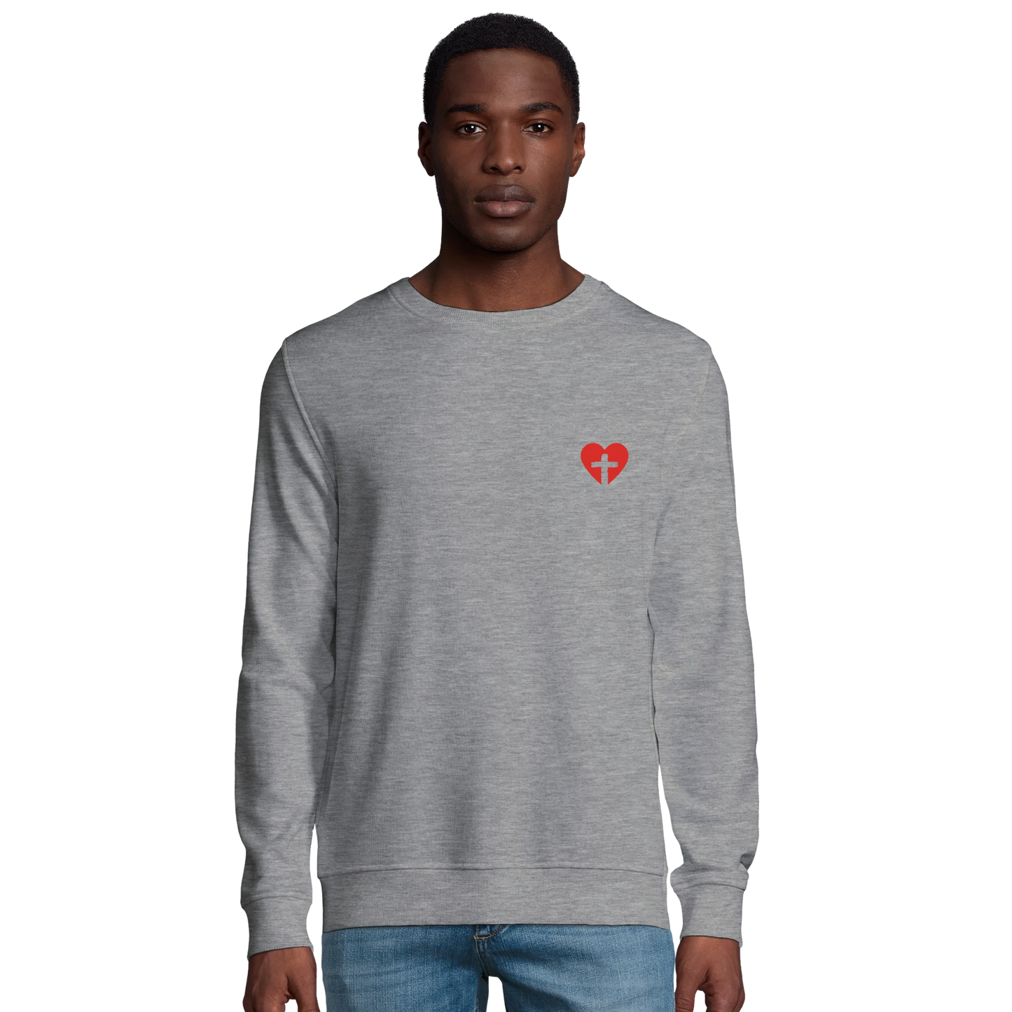 Sweat-shirt chrétien homme en coton bio « Sacré-Cœur » gris chiné face