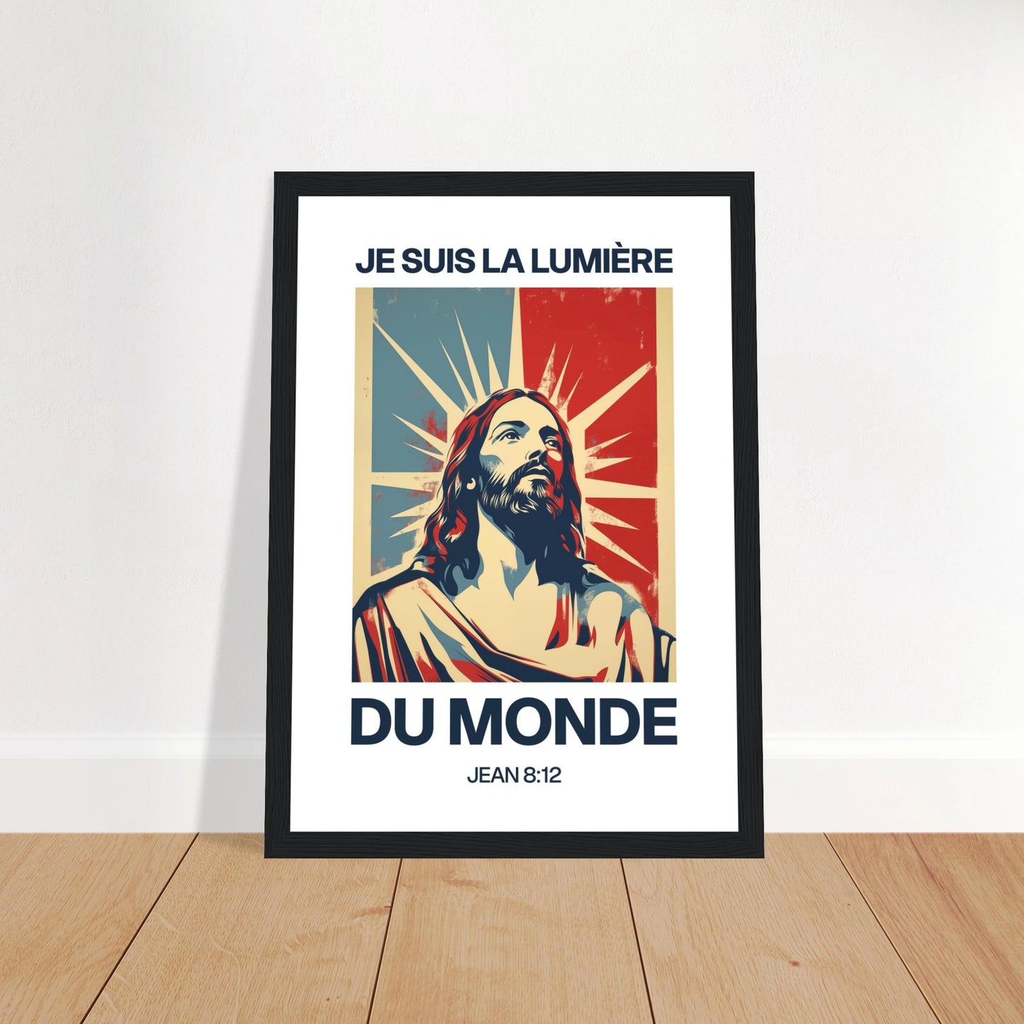 Poster chrétien premium encadré « Jean 8:12 » plan rapproché A4 cadre bois foncé