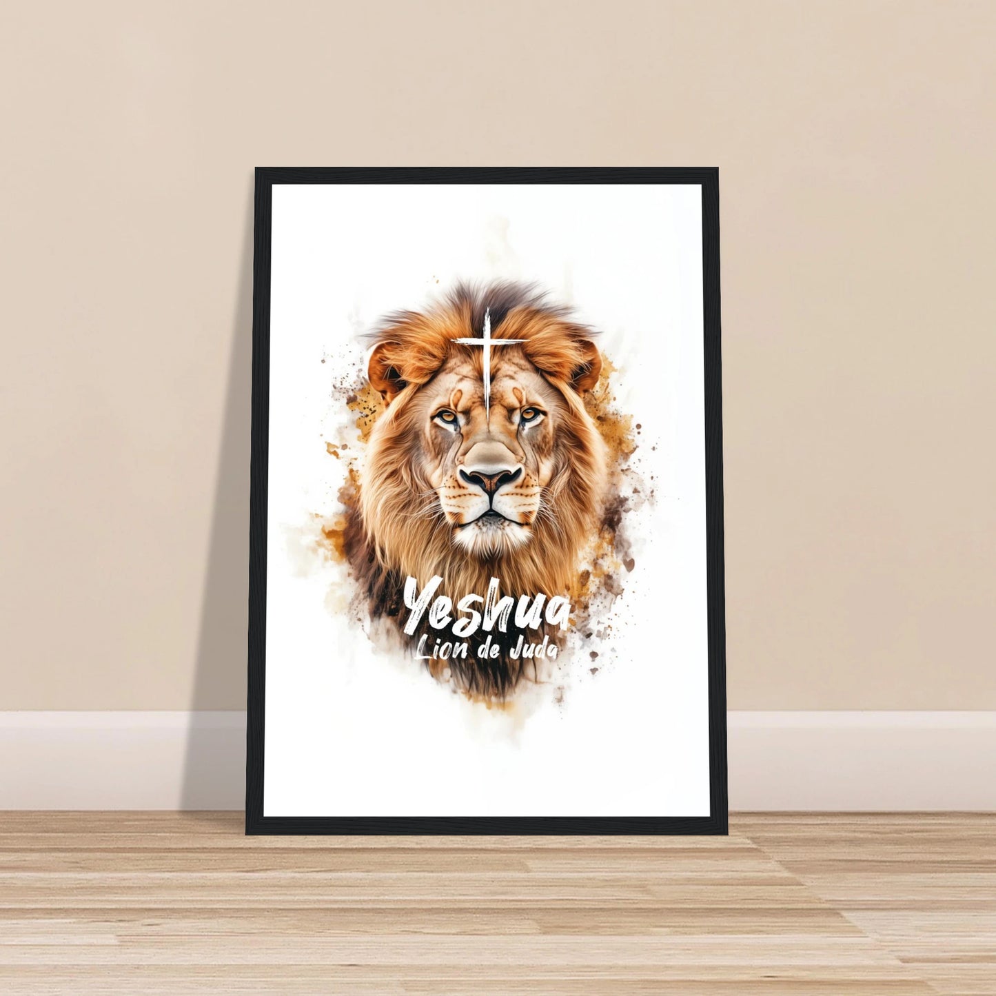 Poster chrétien premium encadré « Yeshua Lion de Juda » plan rapproché A3 cadre noir