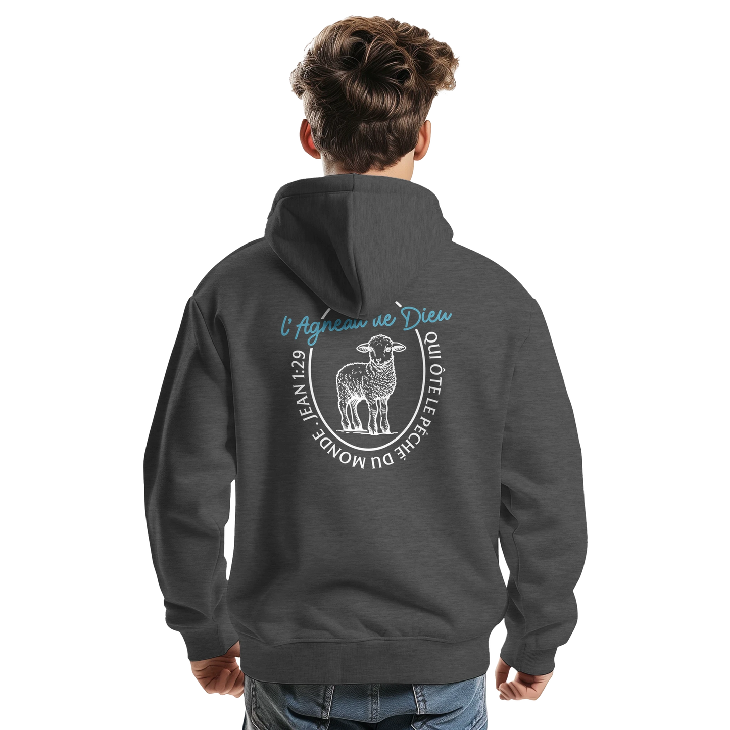 Sweat à capuche chrétien homme « Jean 1:29 » charbon dos