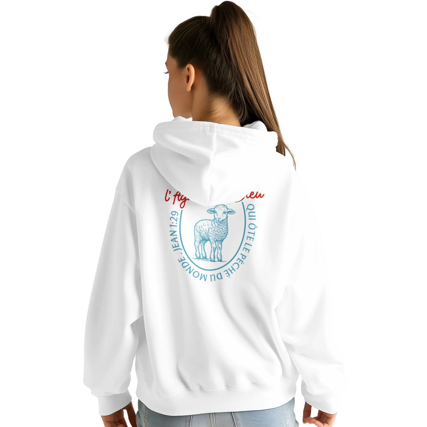 Sweat à capuche chrétien femme « Jean 1:29 » blanc dos