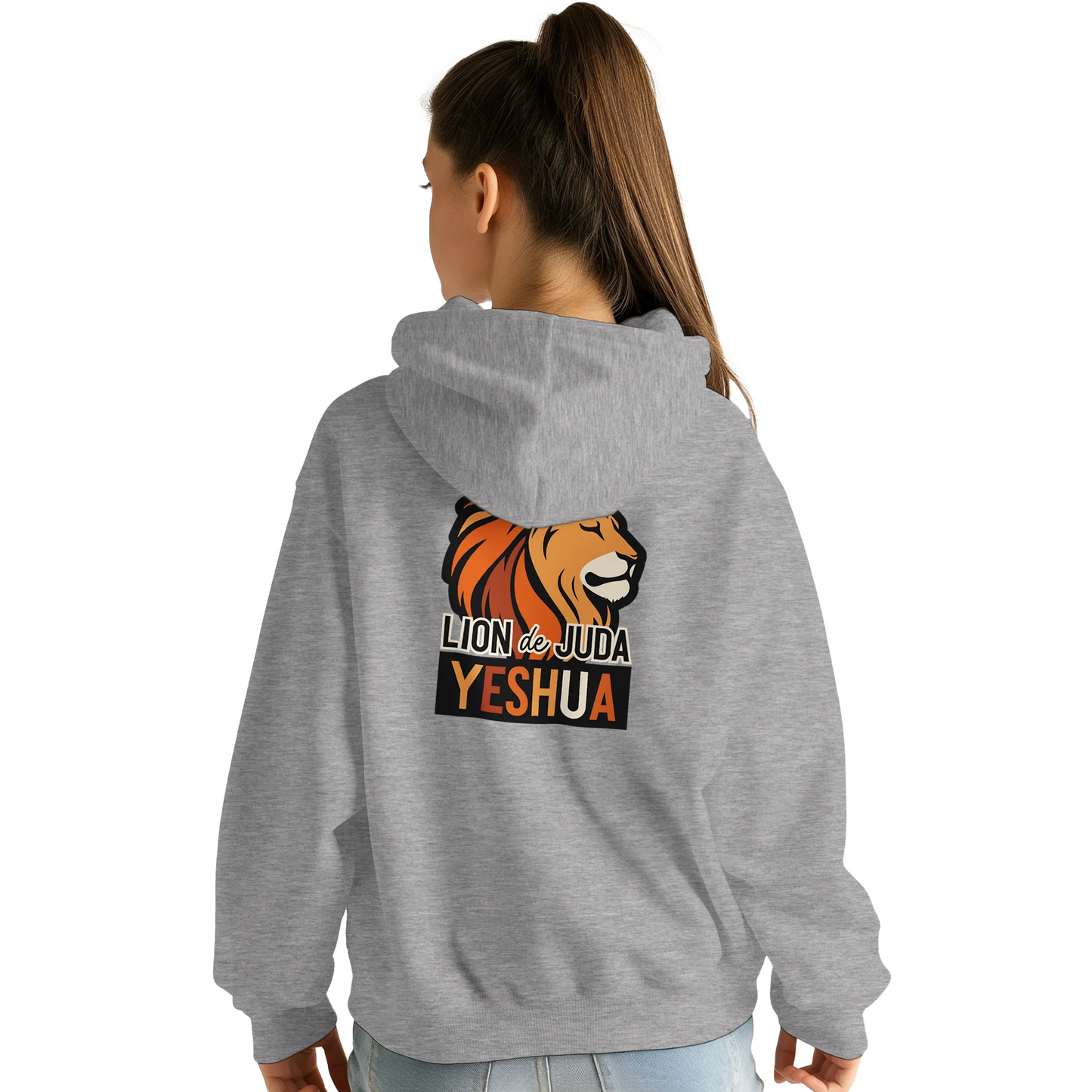 Sweat à capuche chrétien femme « Yeshua Lion de Juda » gris chiné dos