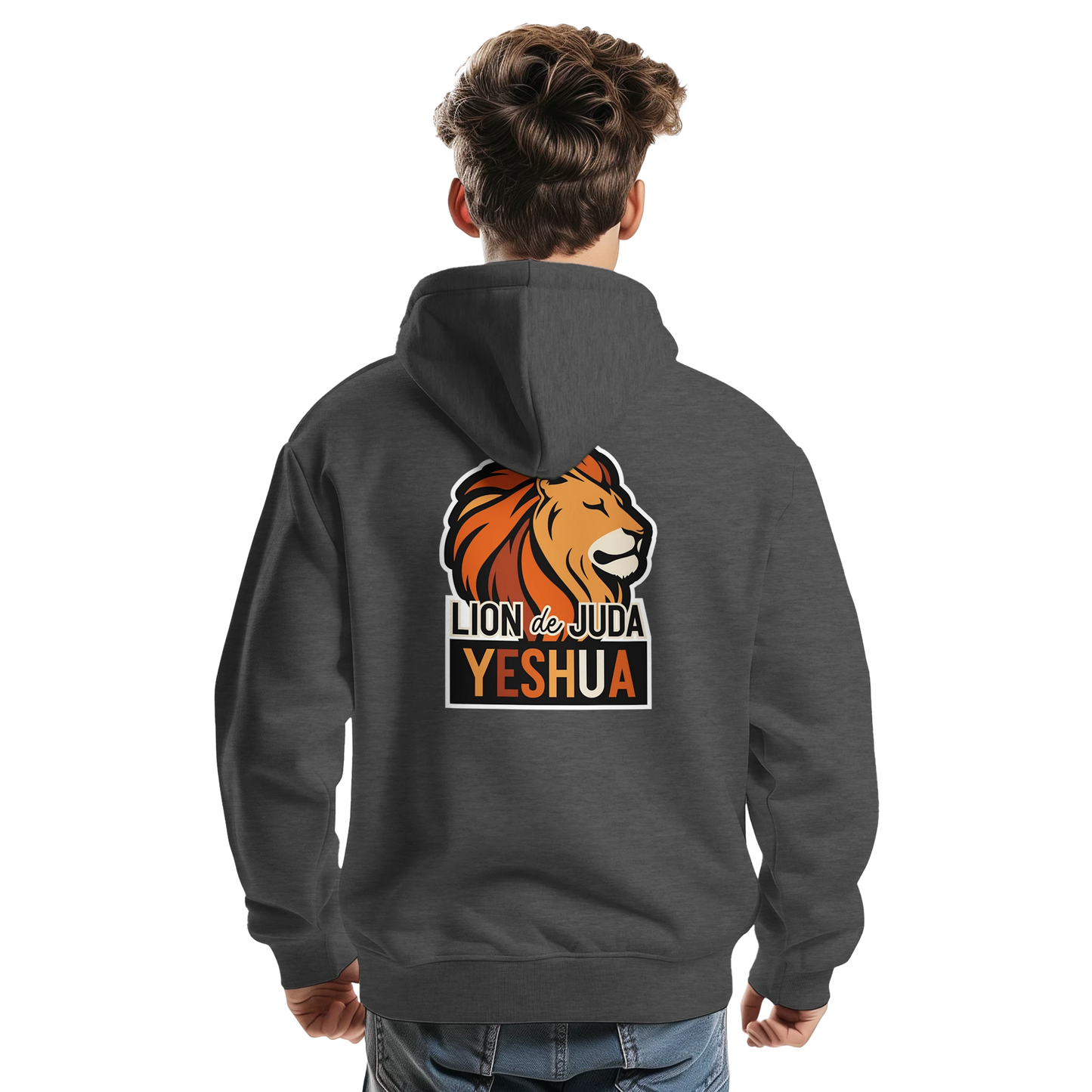 Sweat à capuche chrétien homme « Yeshua Lion de Juda » charbon dos